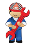 Mechanic figure in blue overalls and checkered hat holding a red wrench.