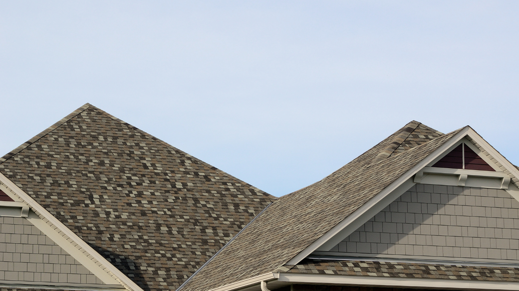 Gray shingled house rooftops with triangular gables against a pale sky