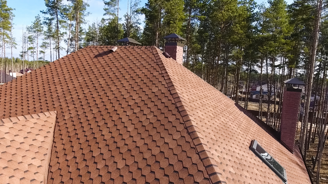 Reddish-brown shingled roof with chimneys under a clear sky, surrounded by trees