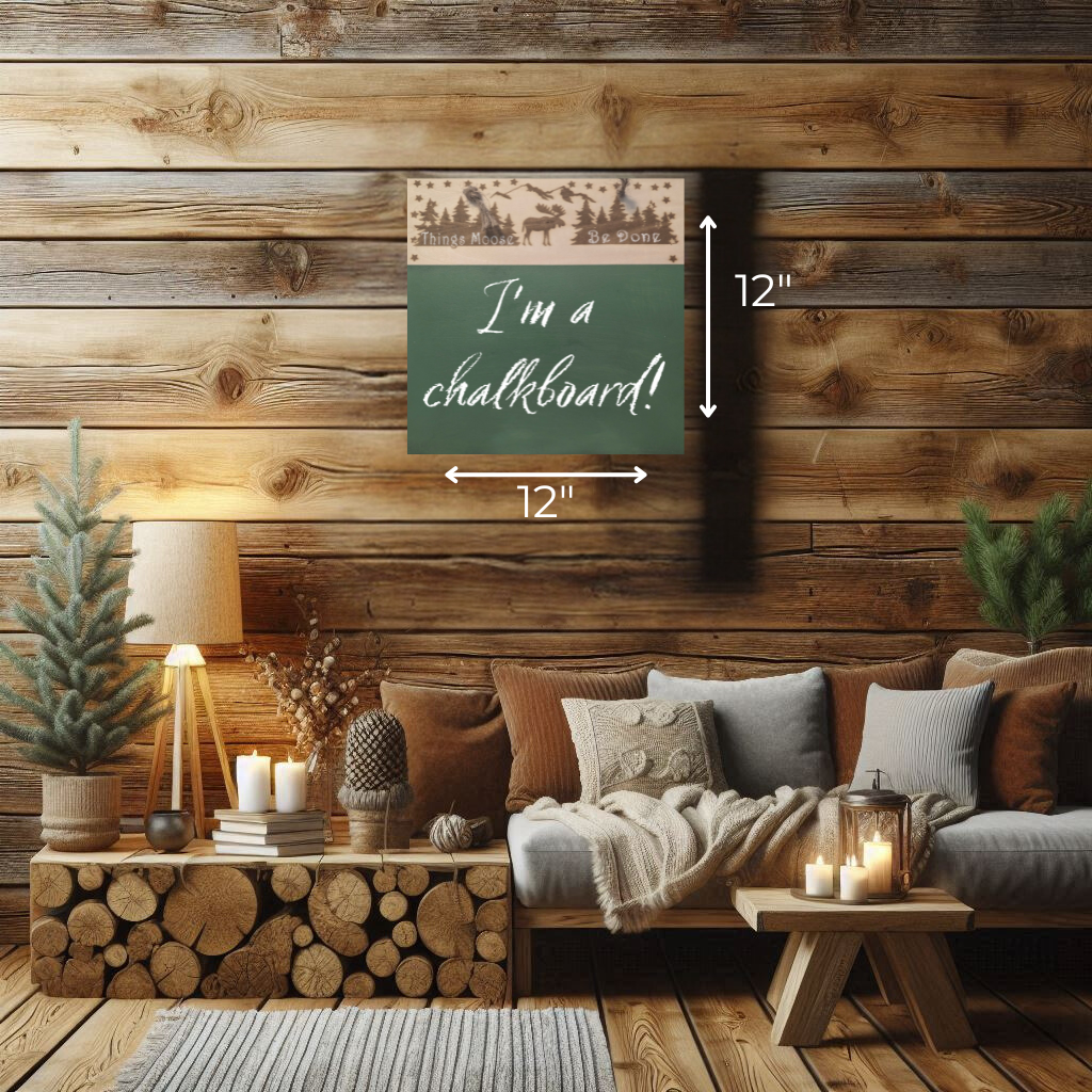 A living room with a couch , coffee table , and a chalkboard on the wall.