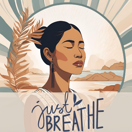 An illustration of a woman with her eyes closed and the words `` just breathe ''.