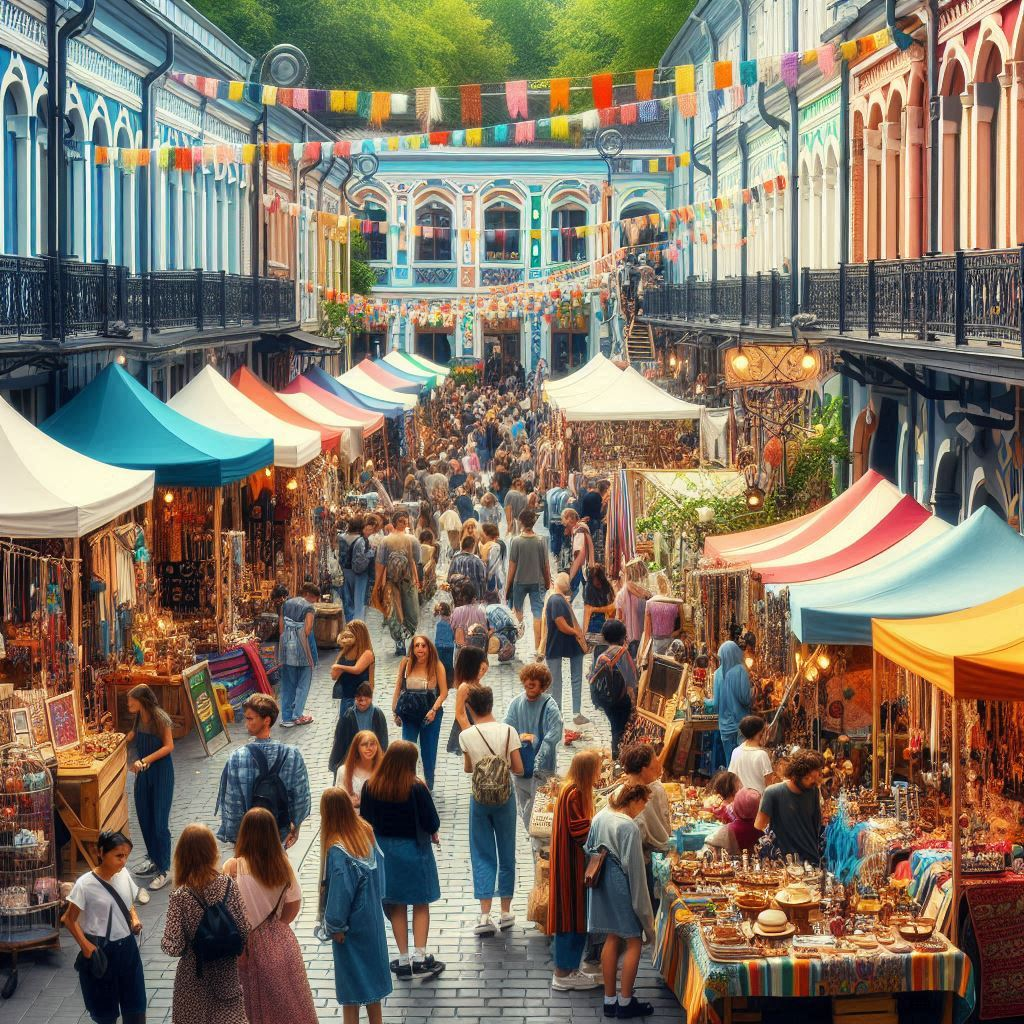 A crowd of people are walking down a street filled with colorful tents.