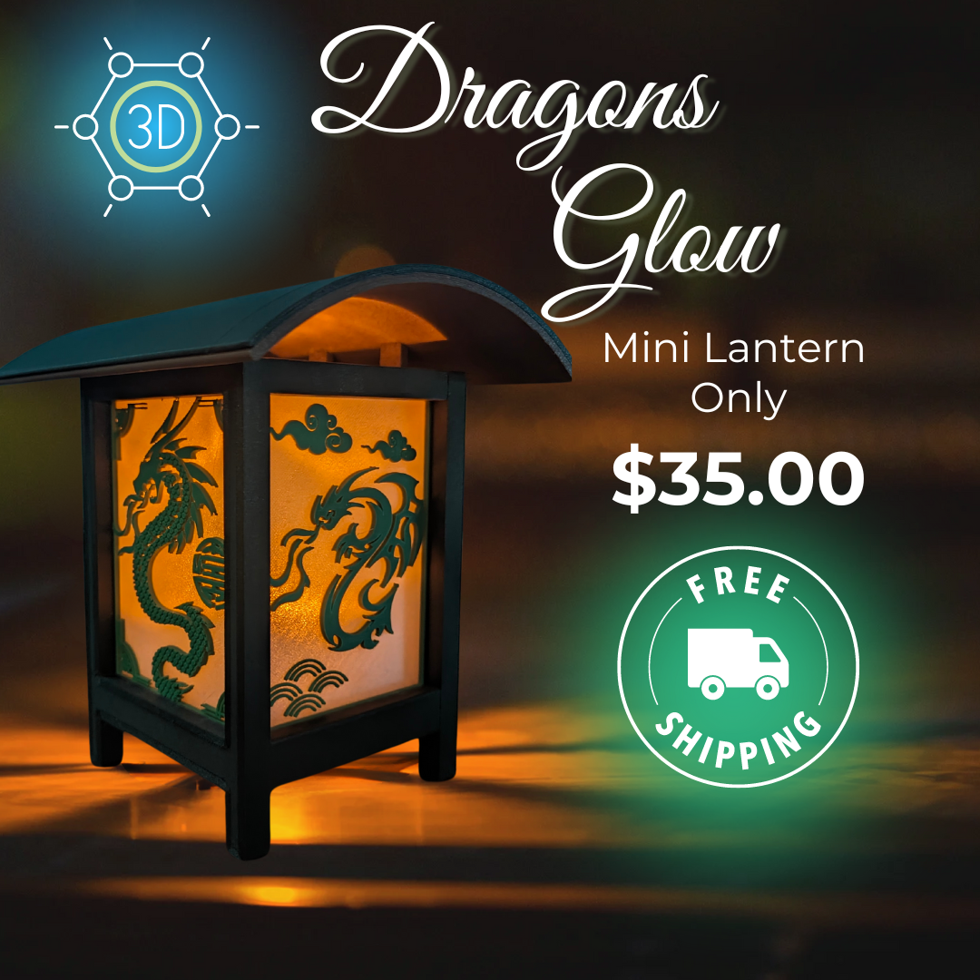 Dragons Glow Lantern from Zen Beach Art on a table showing it's glow