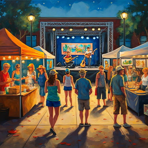 A painting of people watching a band on a stage