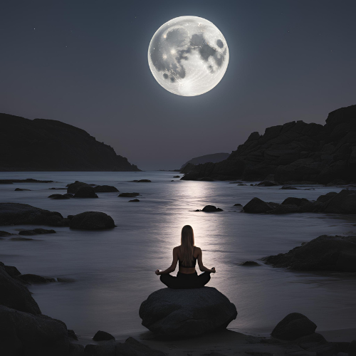 A woman sits on a rock in front of a full moon