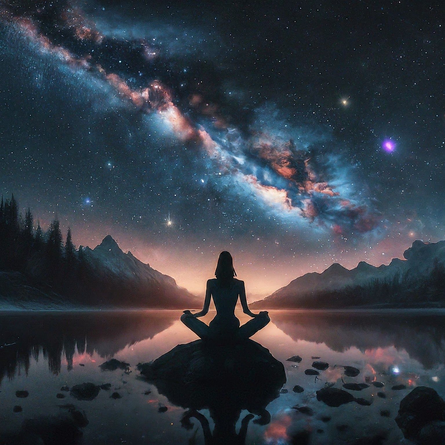 A woman is sitting in a lotus position in front of a lake at night. With the constellations visible.