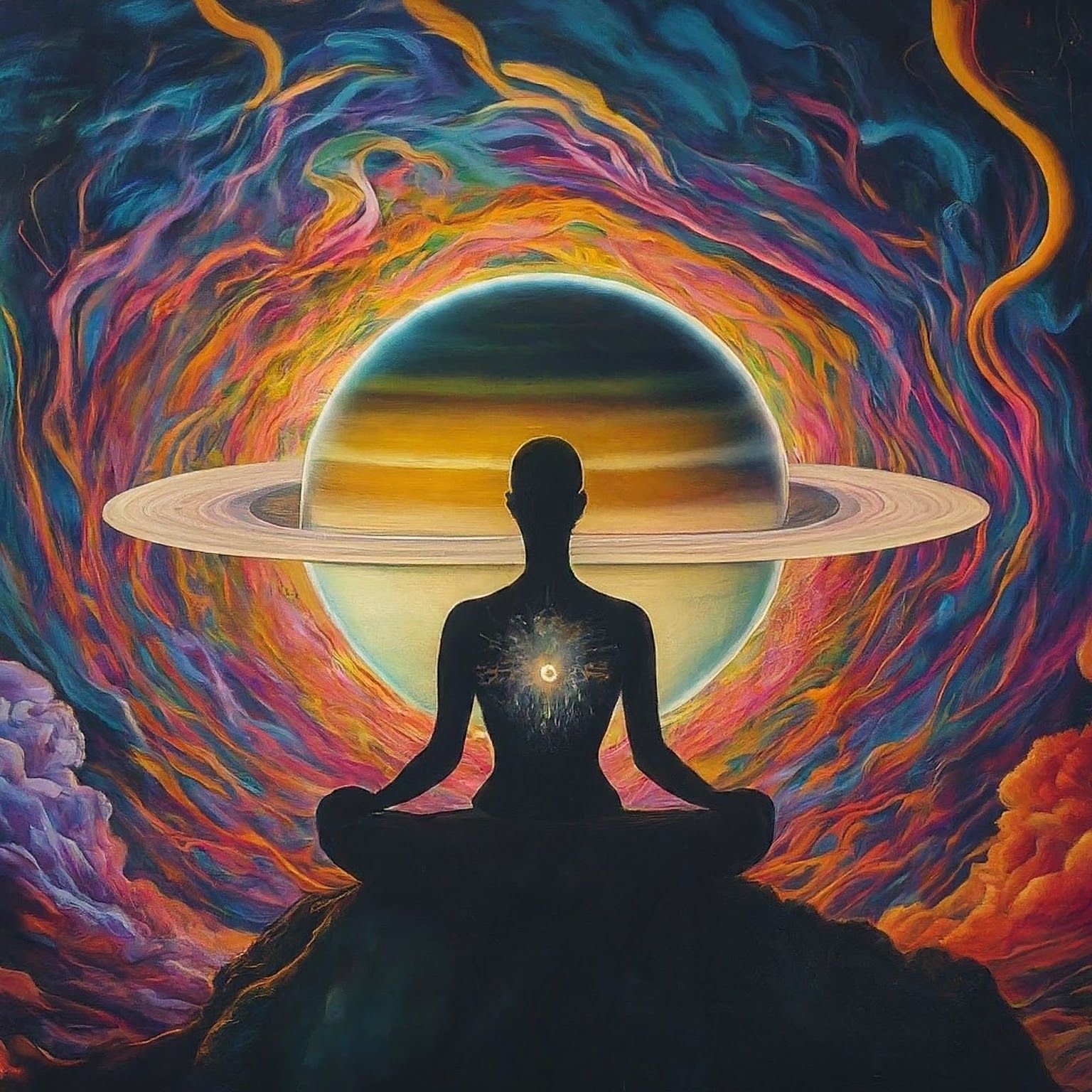 A painting of a person in a lotus position with a planet in the background