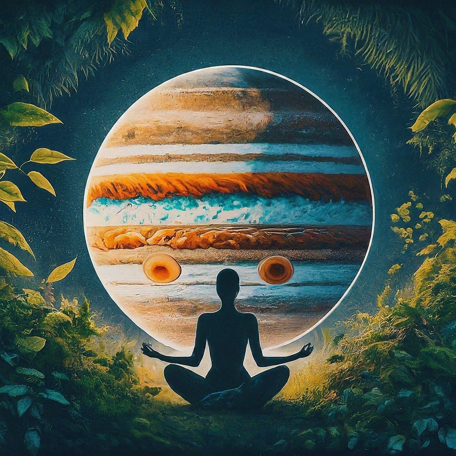 A person is sitting in a lotus position in front of a planet. Jupiter and Uranus in Taurus