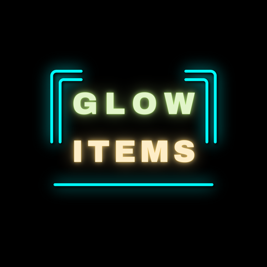 a neon sign that says `` glow items '' on a black background .