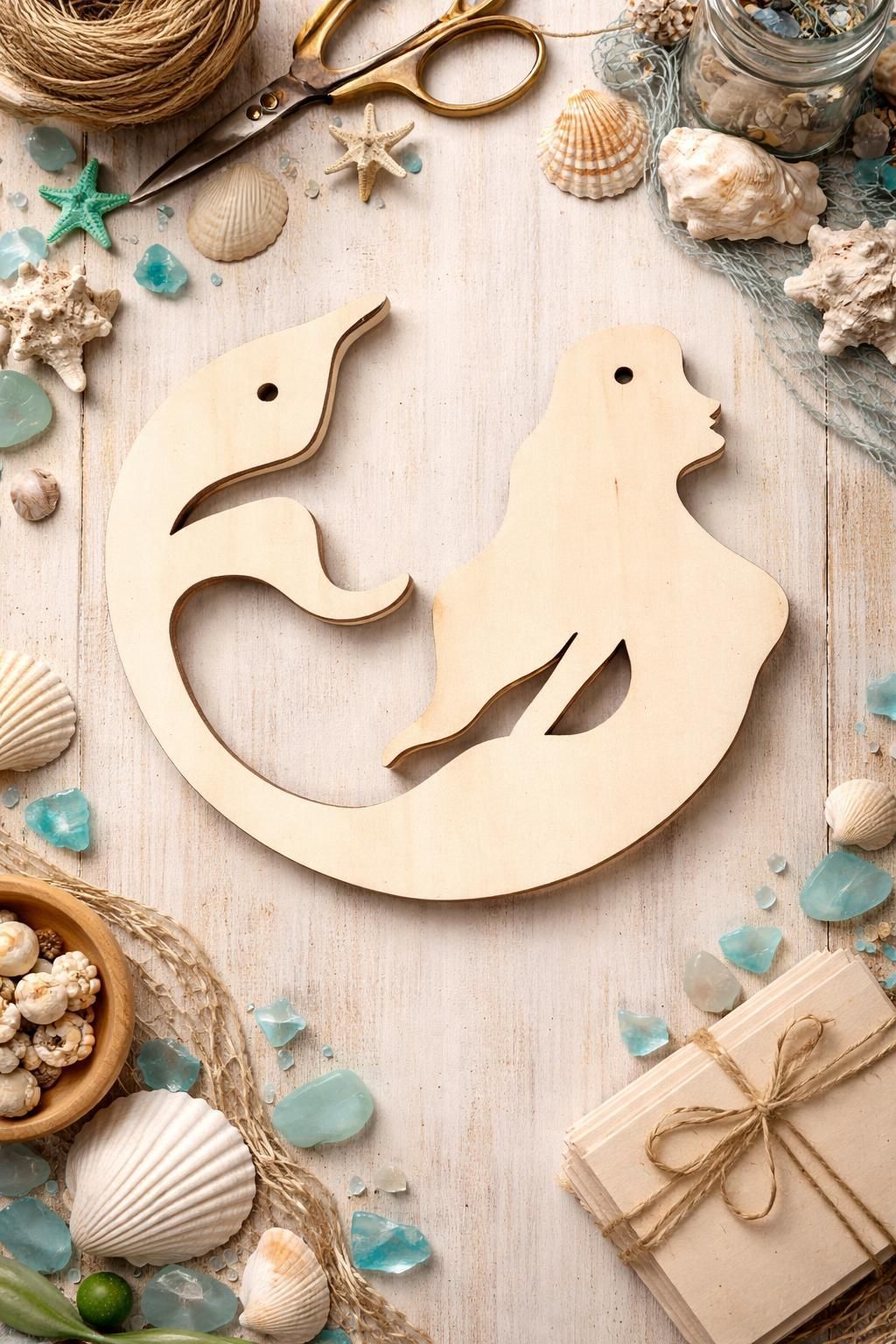 A laser-cut wood mermaid silhouette on a white wood table surrounded by seashells and sea glass.