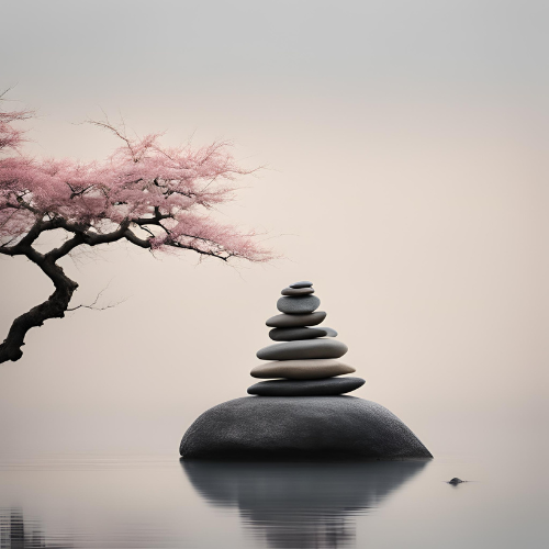 A stack of rocks on a small island in the water with a cherry blossom tree in the background.