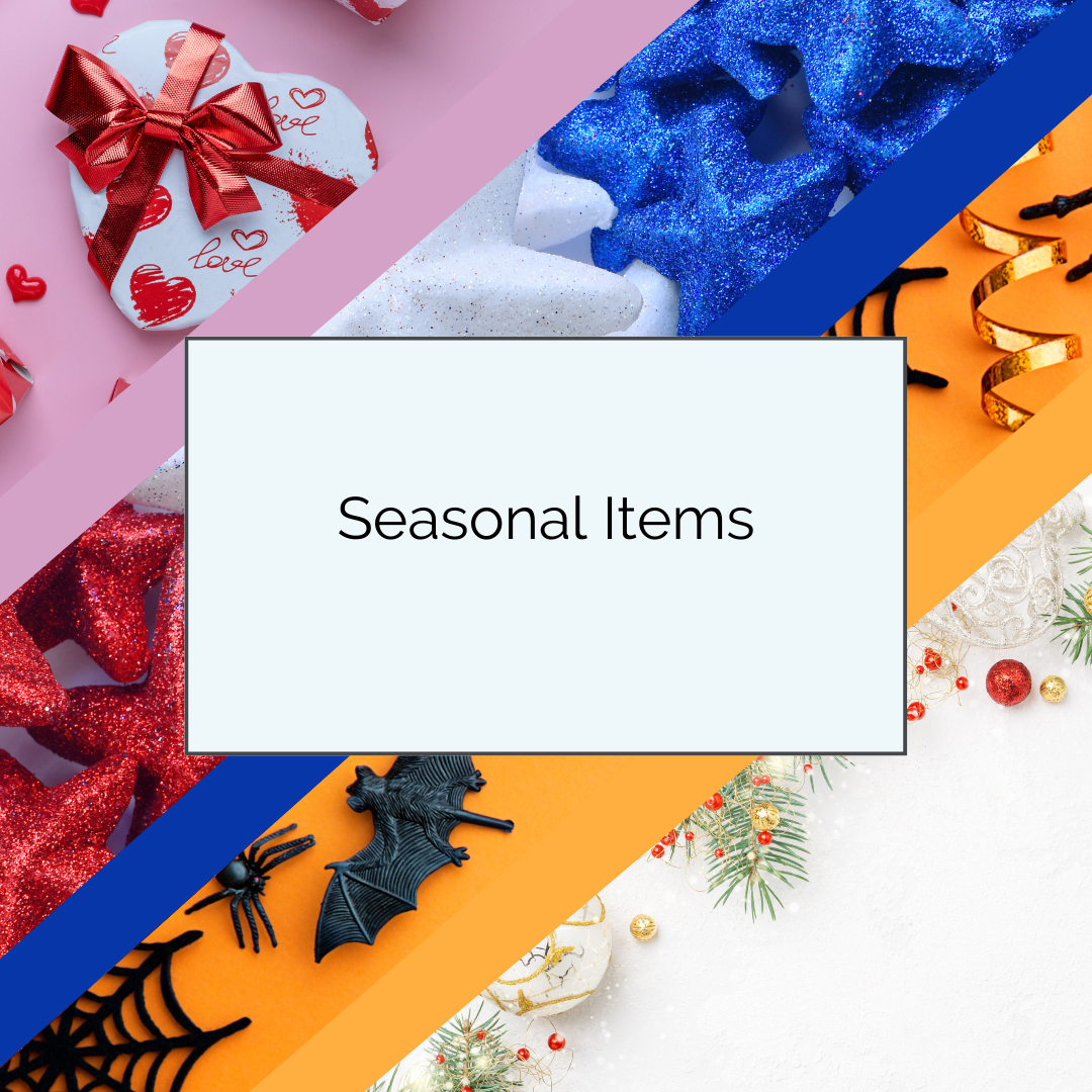 A variety of seasonal items are displayed on a colorful background.