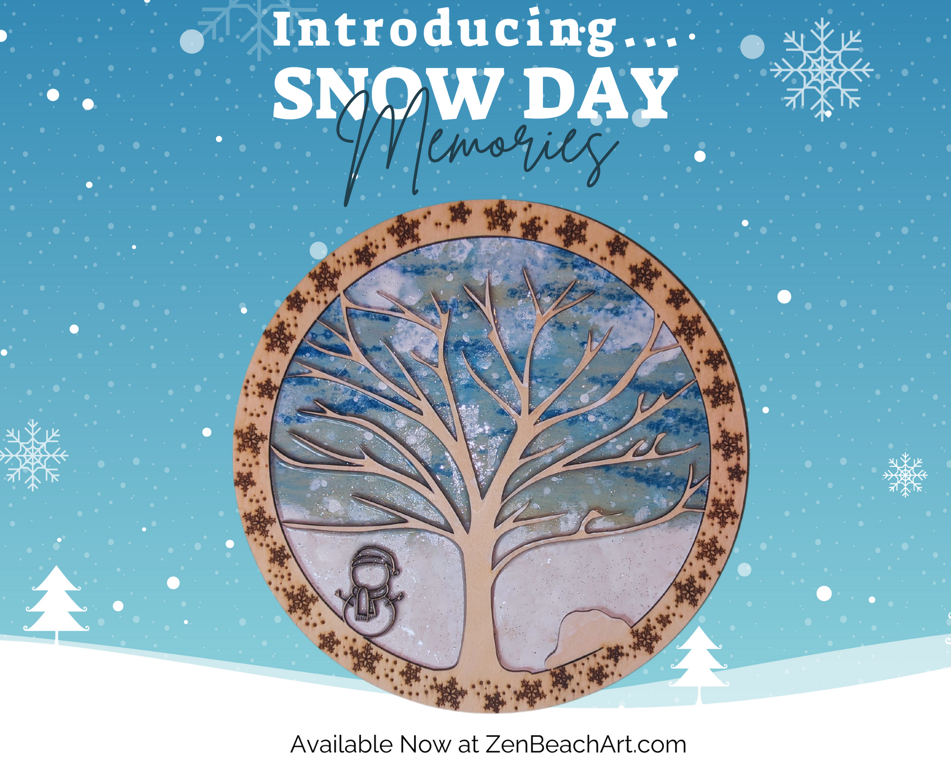 A picture of a tree in a circle with the words introducing snow day memories