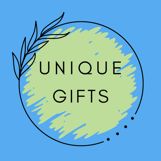 a logo for unique gifts with a blue background