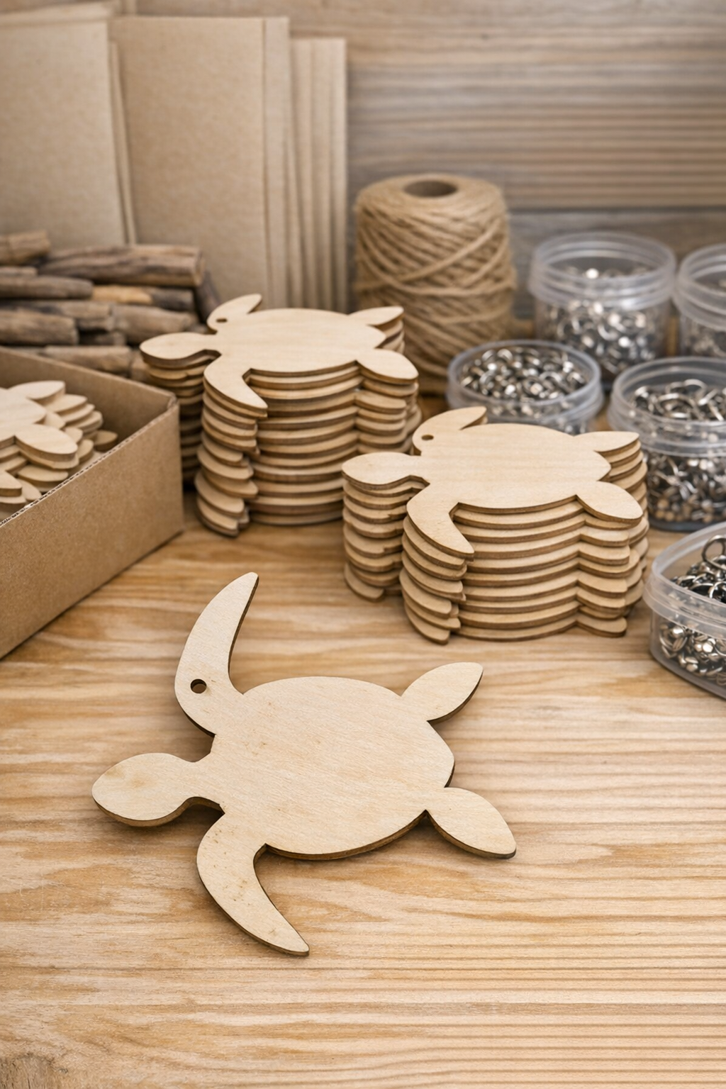 Wooden sea turtle cutouts on a table, alongside spools of twine and small containers of hardware for crafting.