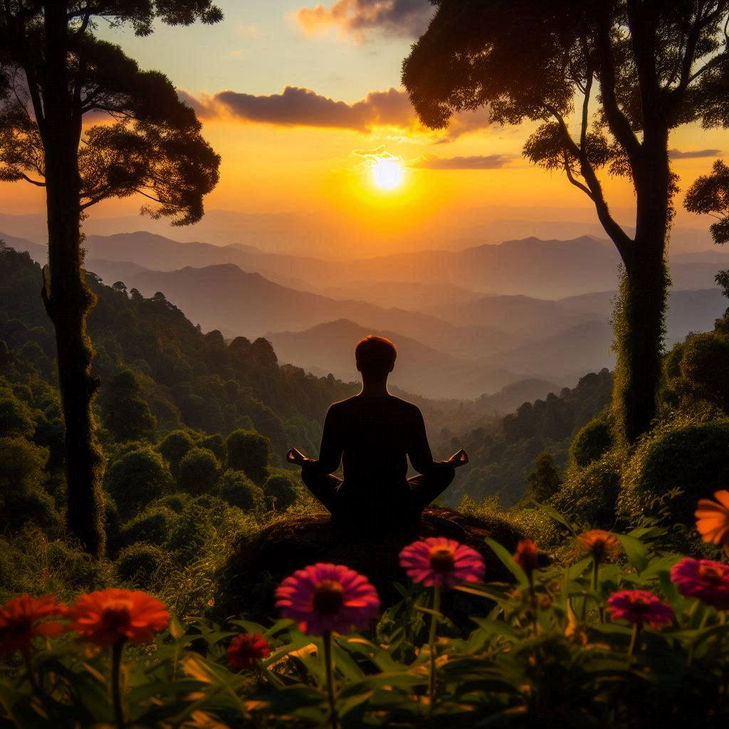 A person sits in a lotus position in front of a sunset