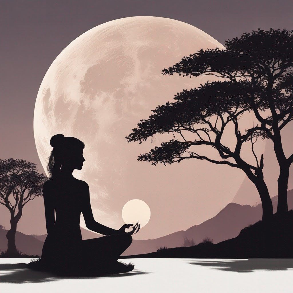 A woman sits in a lotus position in front of a full moon