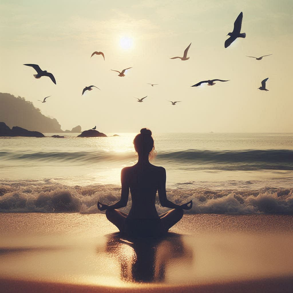 A woman is sitting in a lotus position on the beach with birds flying around her.