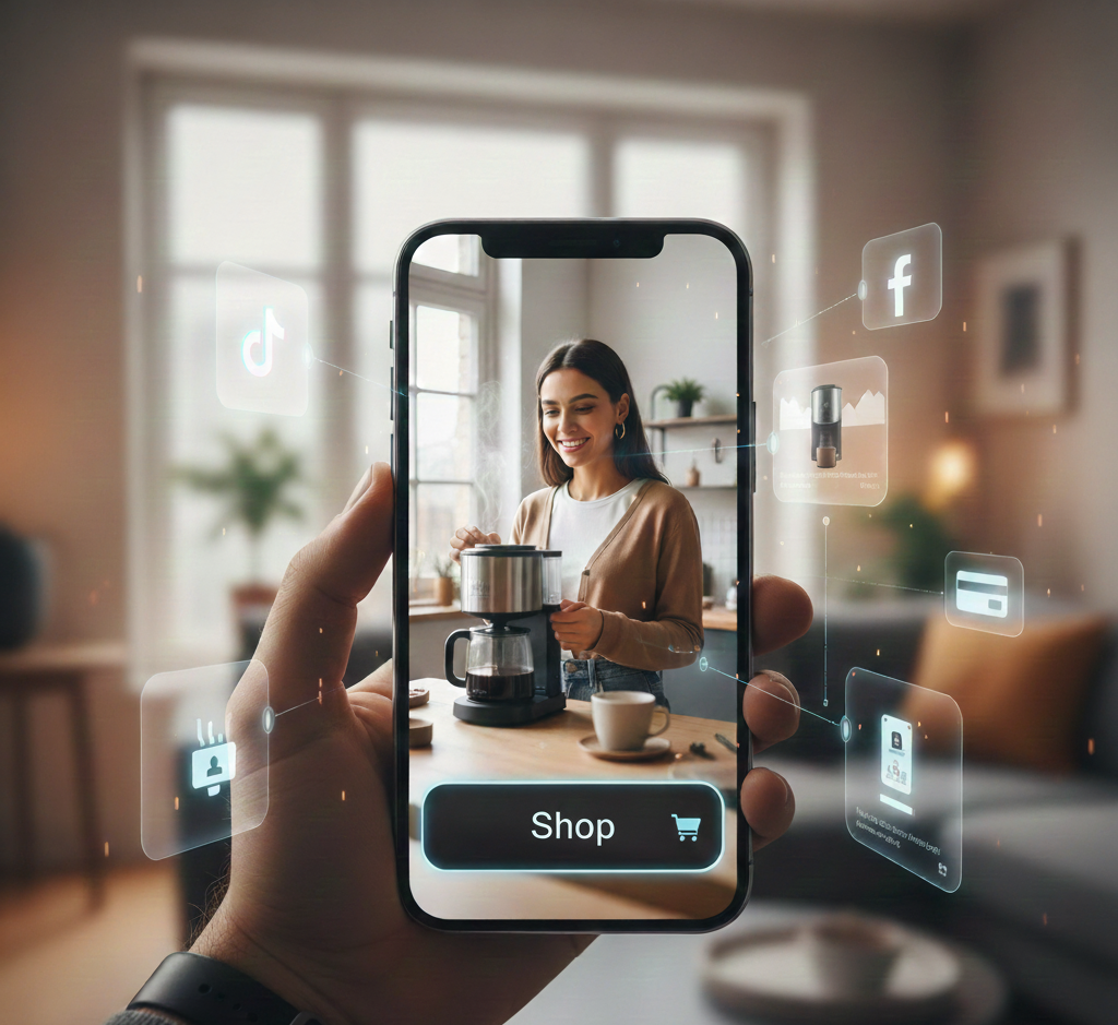 Smartphone showing a shoppable social media video of a woman using a coffee maker with a shop button