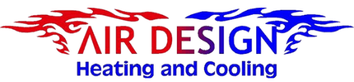 Logo for Air Design Heating and Cooling, text with red and blue flames.