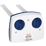 White and blue Honeywell ventilation control unit with two knobs and two tubes.