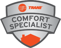 Trane Comfort Specialist badge with logo, text, and house outline, in silver, red, and gray.