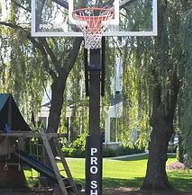 A basketball hoop is sitting in the middle of a park surrounded by trees.