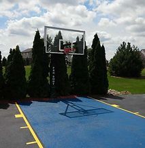 There is a basketball hoop in the middle of a driveway surrounded by trees.