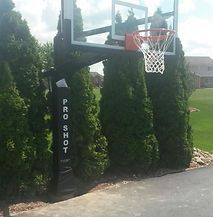 A basketball hoop is sitting in the middle of a driveway surrounded by trees.