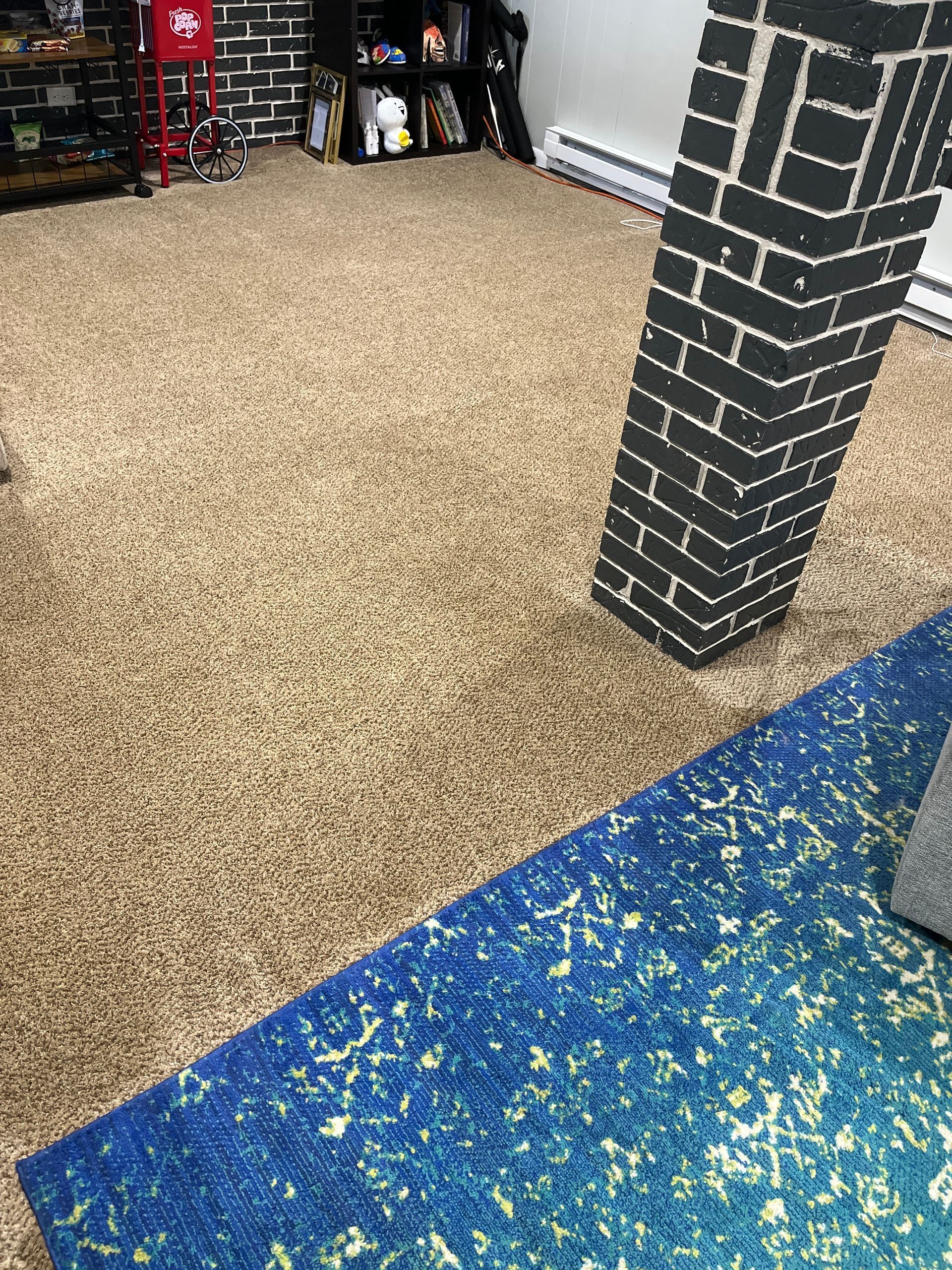 Tan carpeted room with a blue rug, black brick pillar, and shelves with items.