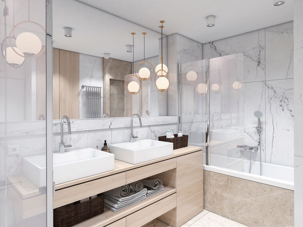 A bathroom with two sinks and a bathtub.
