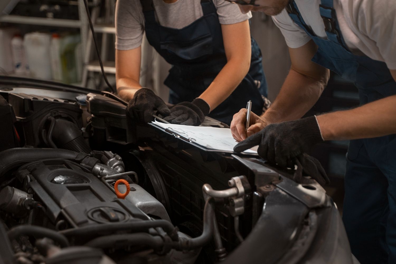 Mechanics in blue overalls, checking car engine, one pointing and writing on a clipboard.