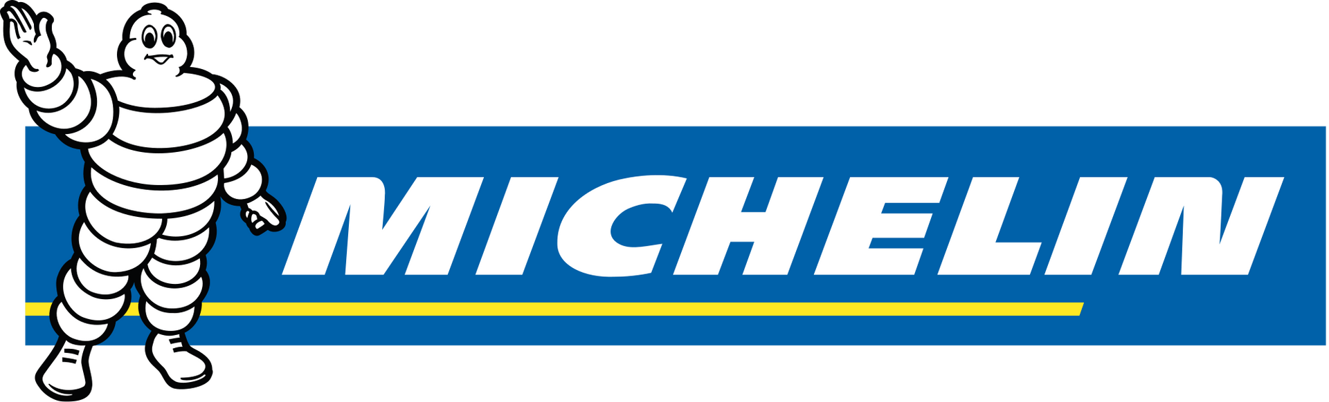 Michelin Man waving, standing next to the word MICHELIN in white letters on a blue rectangle, with a yellow line below.