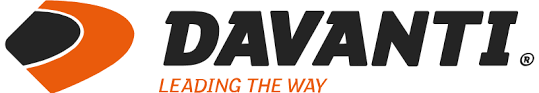 Davanti tire brand logo. Orange and black abstract shape and bold, black text on a white background.