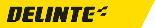 DELINTE logo in black on yellow, angled rectangle.