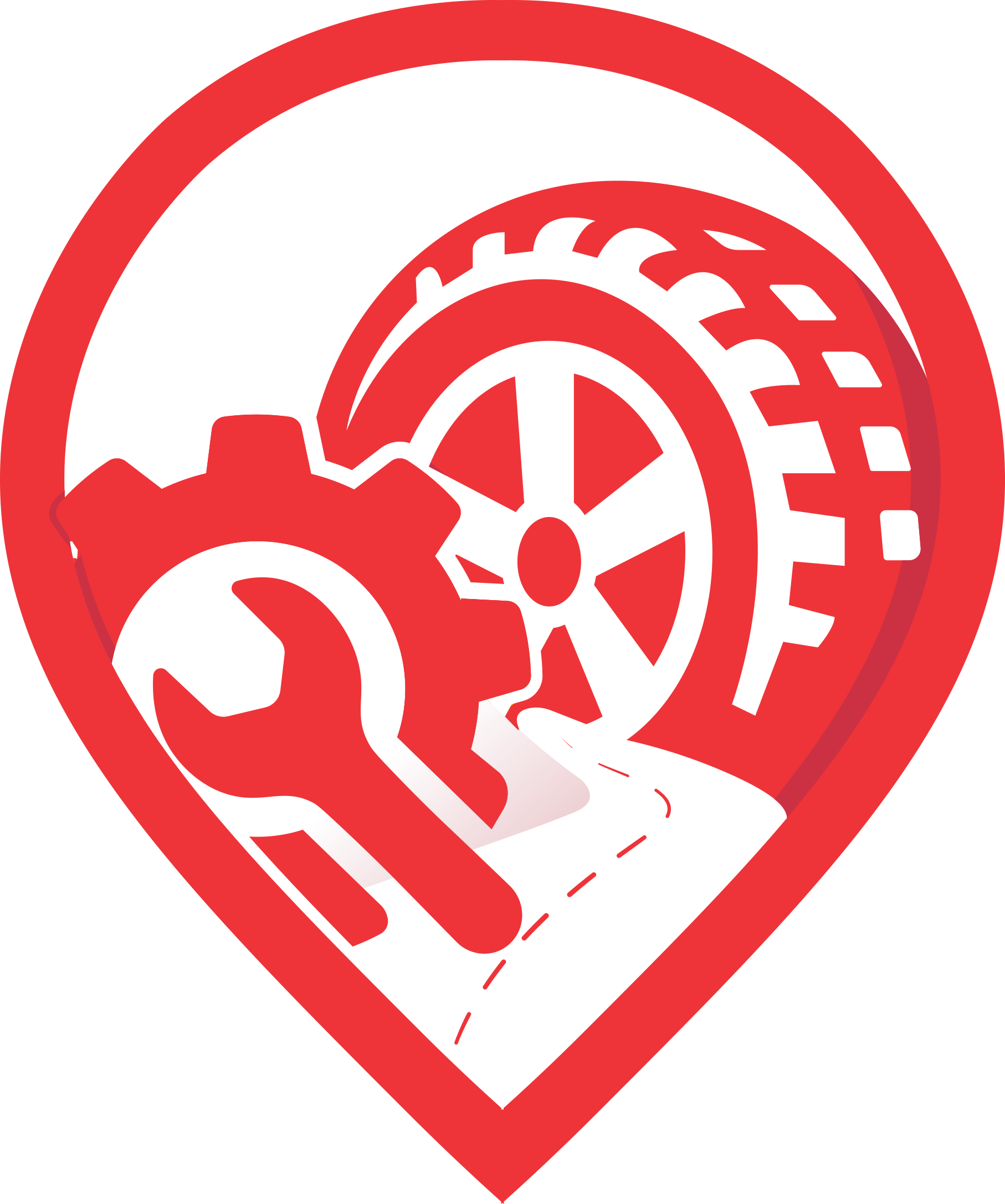Red icon: wrench, gear, tire, within a teardrop shape.