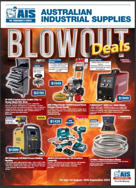 An advertisement for australian industrial supplies blowout deals