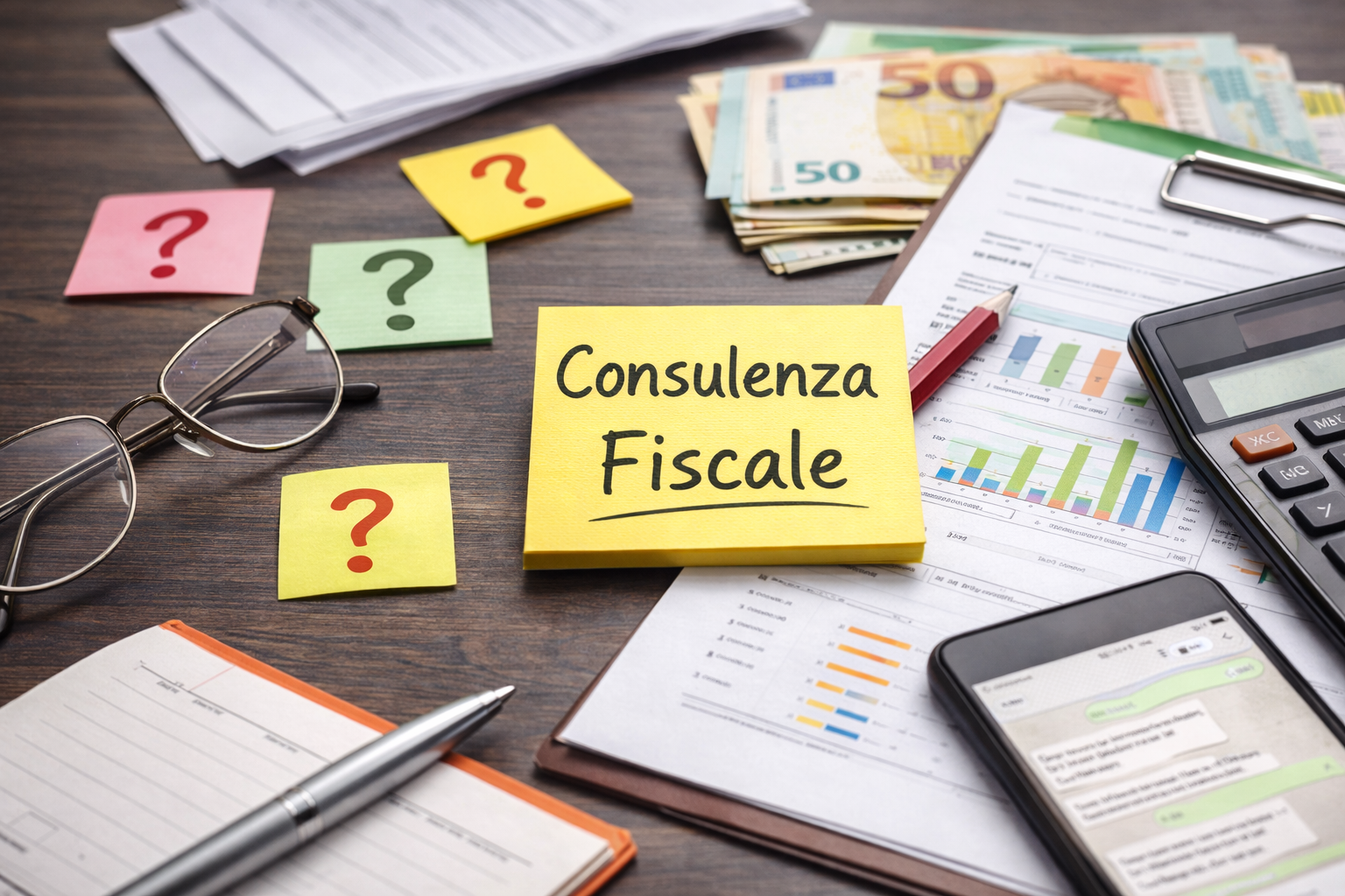 Attrezzatura per la consulenza fiscale: blocco note, calcolatrice, denaro, grafici, telefono, occhiali, punti interrogativi.
