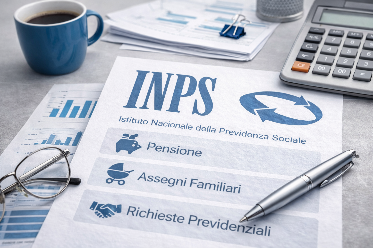Documento INPS con penna, occhiali, caffè, calcolatrice e fogli impilati su una scrivania.