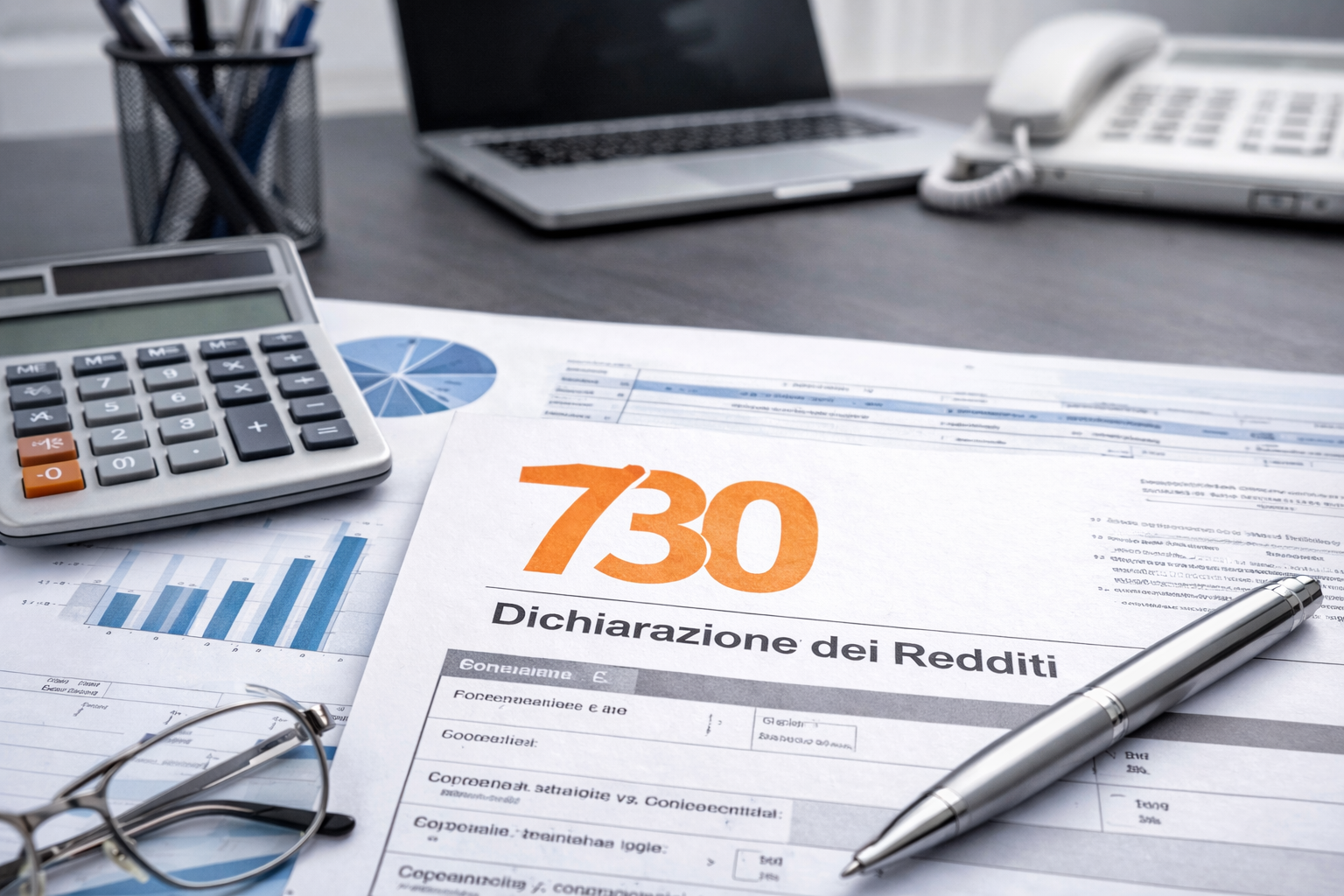 Scrivania con calcolatrice, computer portatile, telefono, documenti, occhiali e un modulo con la scritta