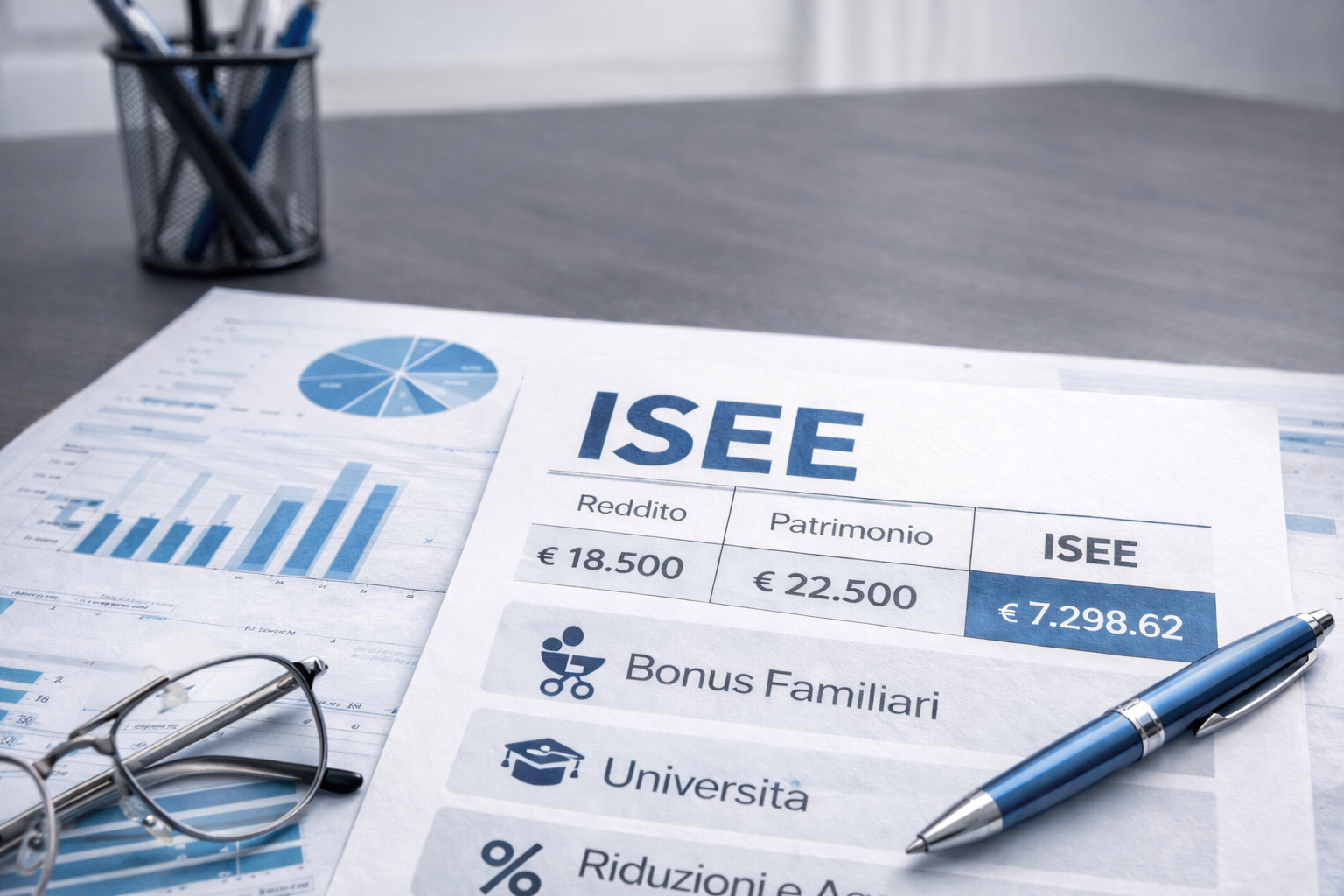 Modulo ISEE con dati finanziari, penna, occhiali e grafici su una scrivania.