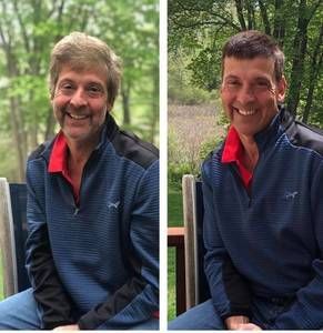 Two photos of a smiling man in a blue jacket
