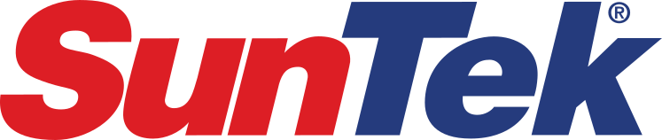 A red and blue suntek logo on a white background