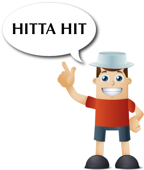 Gubbe med pratbubbla som säger hitta hit