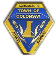 A blue and yellow emblem for the town of colonsay