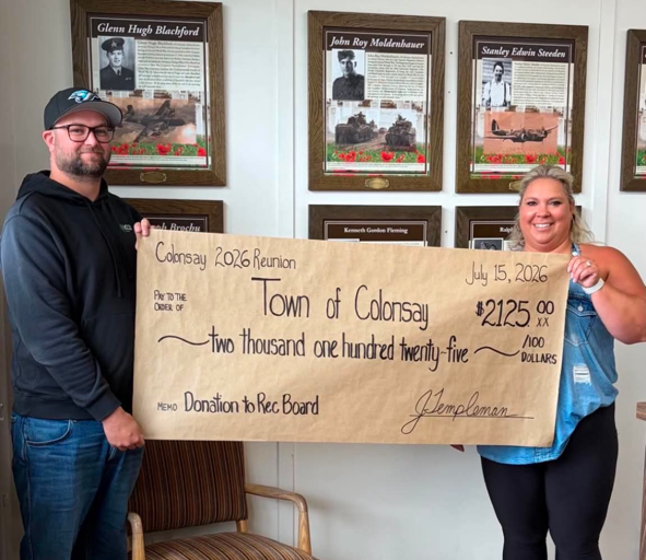 A huge thank you to the Colonsay 2026 Reunion for this donation the Colonsay Recreation Board! Thank you Janci for organizing this great event!