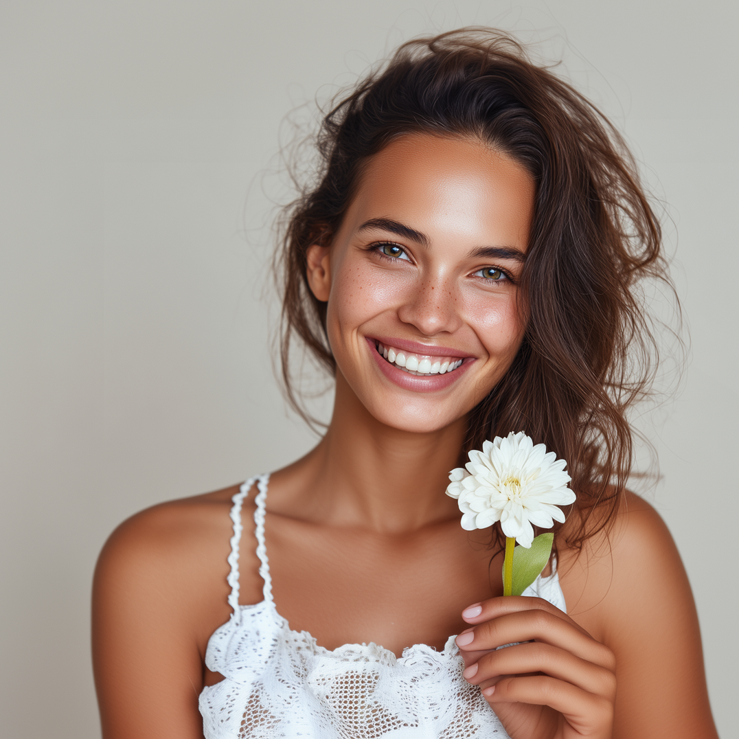 Woman smiling, holding white flower, wearing white top, against a neutral background.