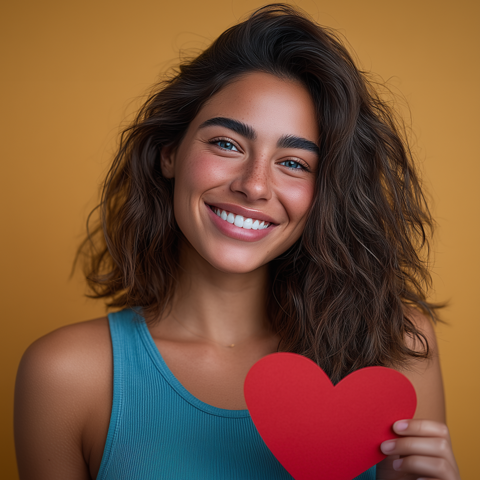 Woman smiles, holding a red heart against a yellow background; wearing teal tank top.