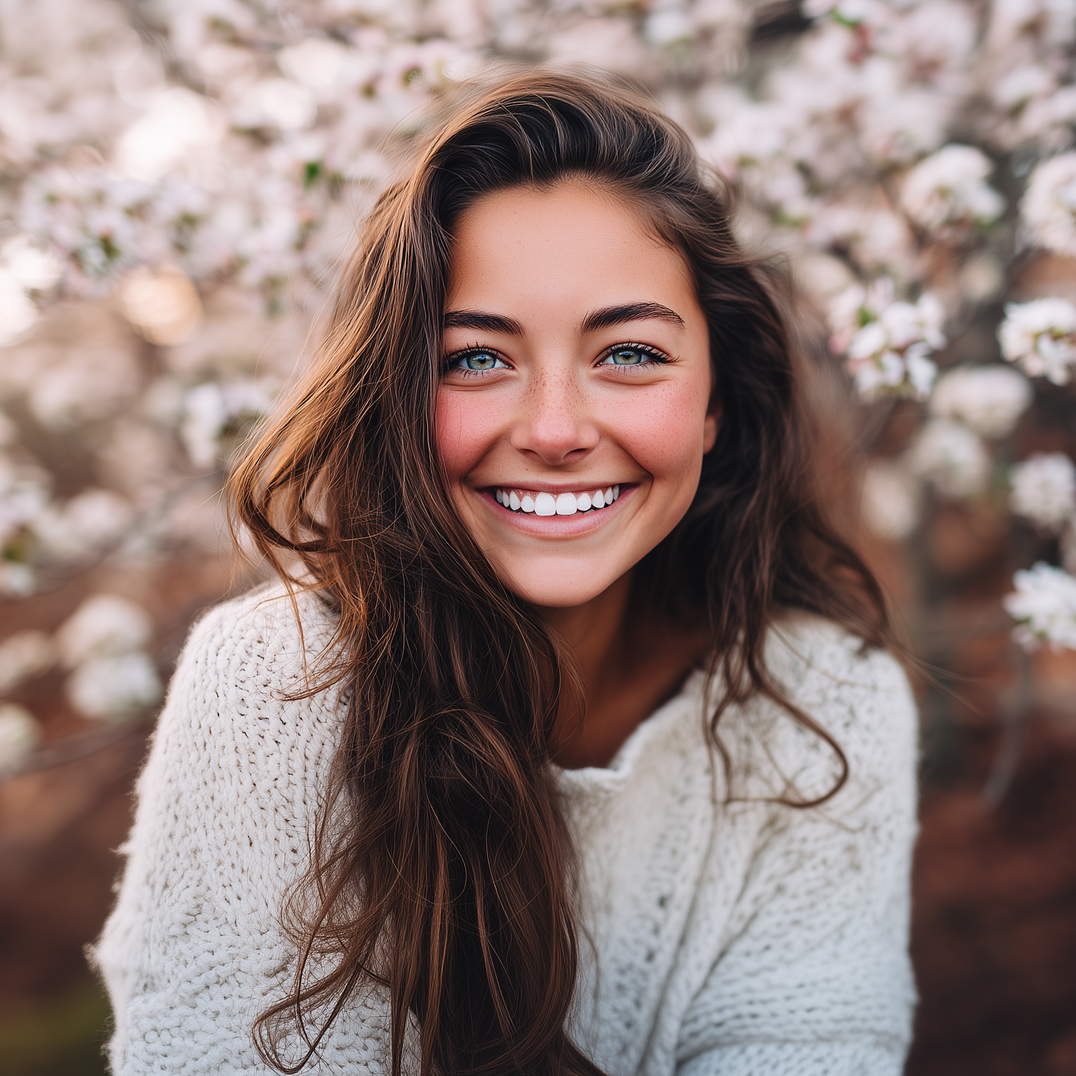 Smiling person with long, dark hair wearing a white sweater, set against a blurred background of white flowering trees.