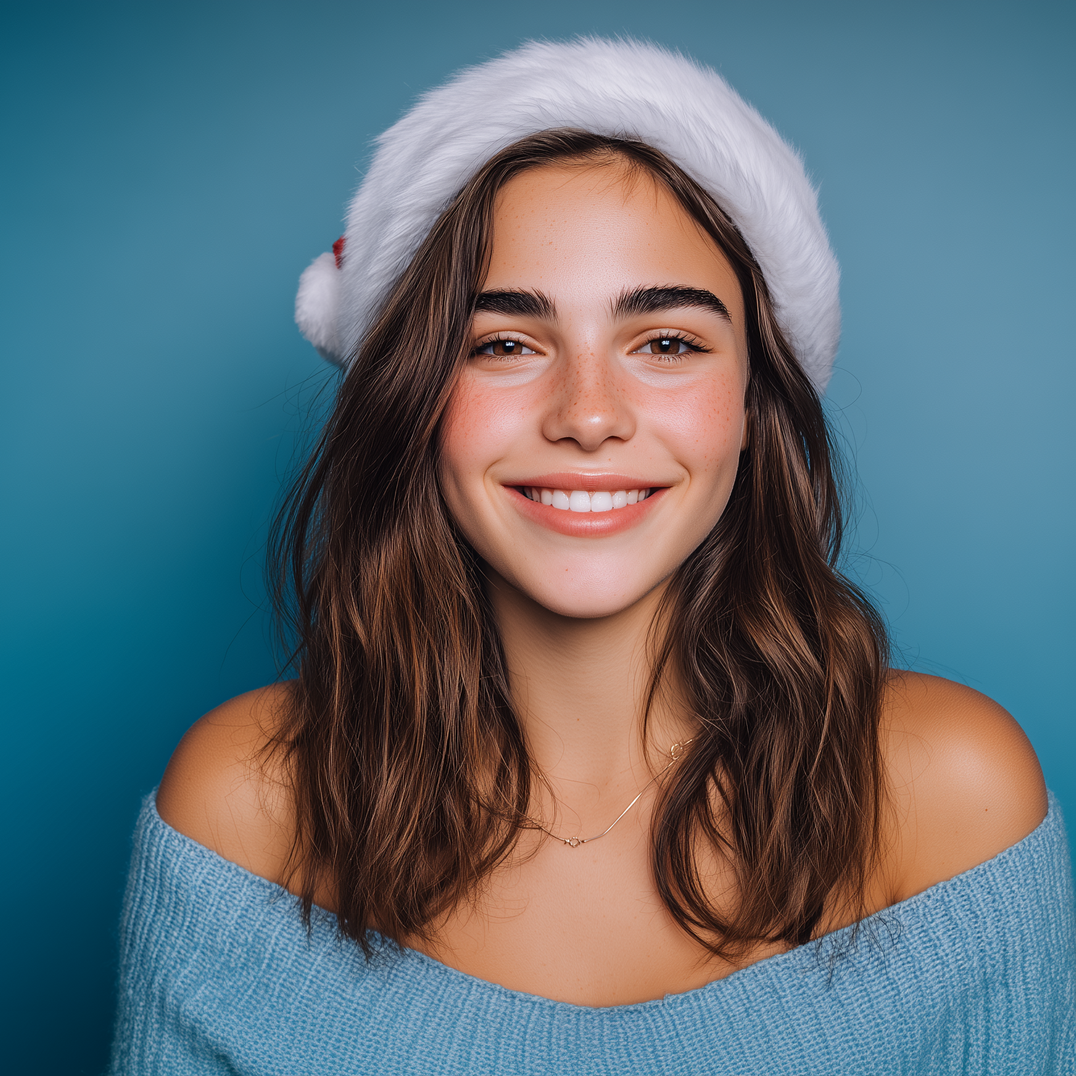 Woman wearing a Santa hat and blue sweater smiling in front of a blue background.